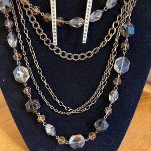 Classic 5 strand necklace on antique gold tone with matching earrings 19 1/2”